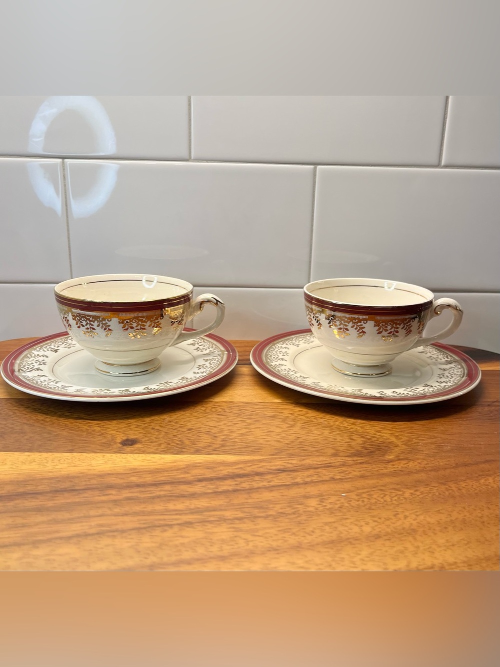 Set Of 2 Royalty Maroon Band by MYOTT STAFFORDSHIRE FOOTED Cup & Saucer